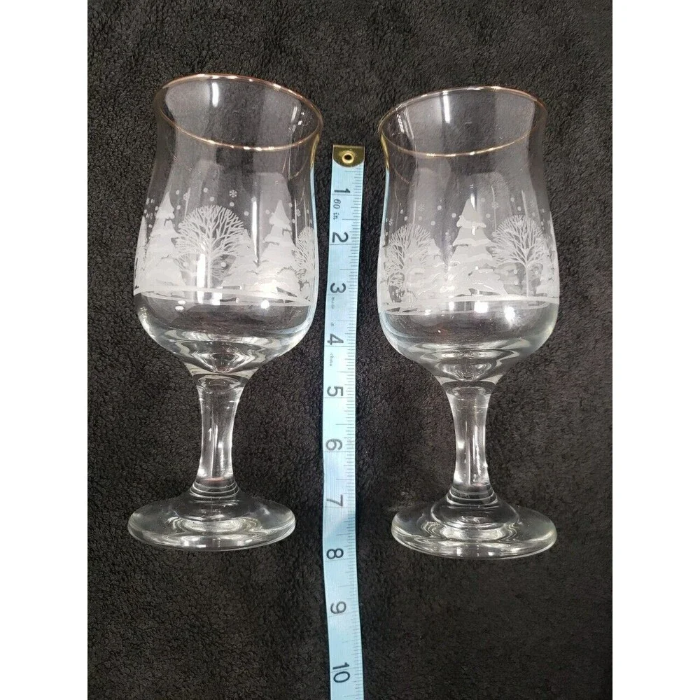 Arby's Libbey Glass Vintage Winter Wonderland Goblets Trees Snow Gold Rim 1980s